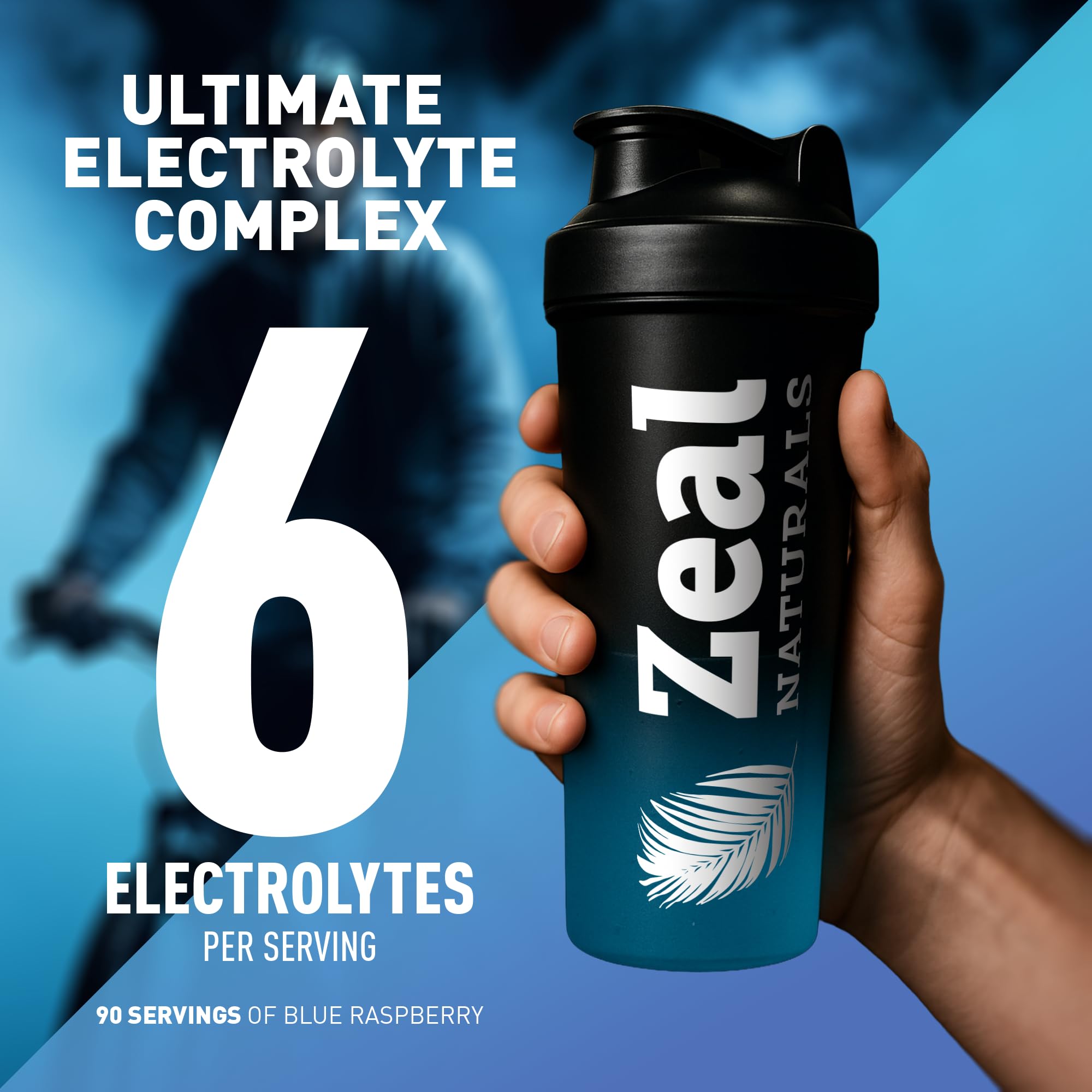 Zeal Naturals etiqueta en primer plano listando BCAA, vitaminas B y electrolitos