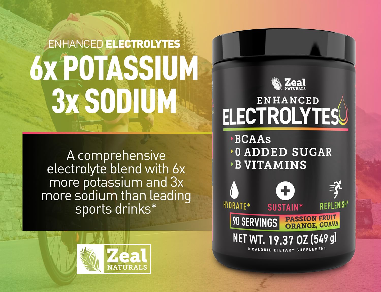 Comparación de tamaño mostrando 90 porciones de Zeal Naturals para consumo prolongado