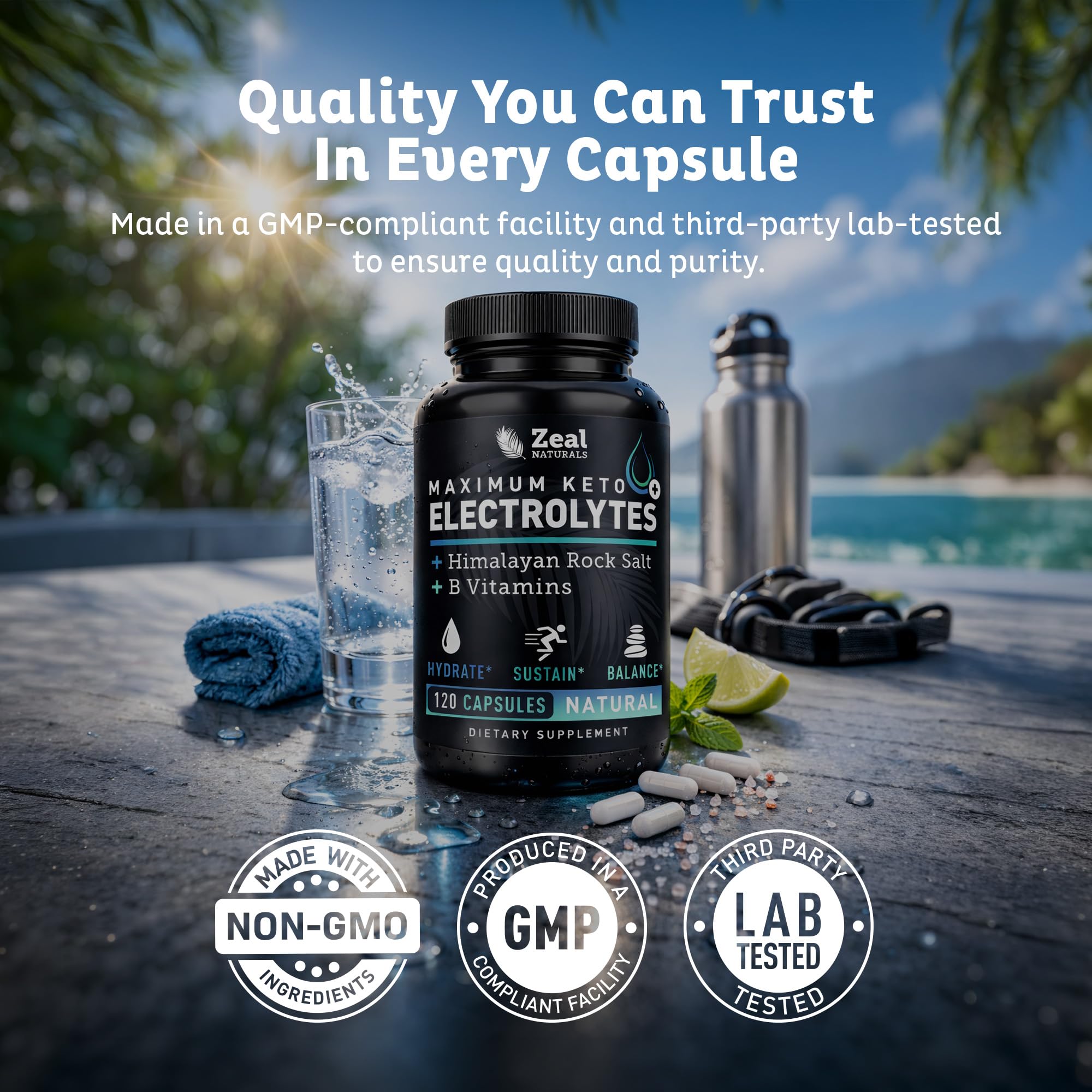 escena de estilo de vida con Zeal Naturals junto a botella de agua y gimnasio
