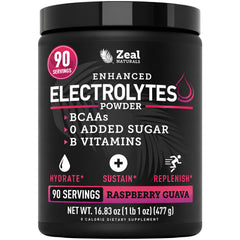 Zeal Naturals frente del contenedor mostrando el diseño y sabor raspberry guava, fácil identificación