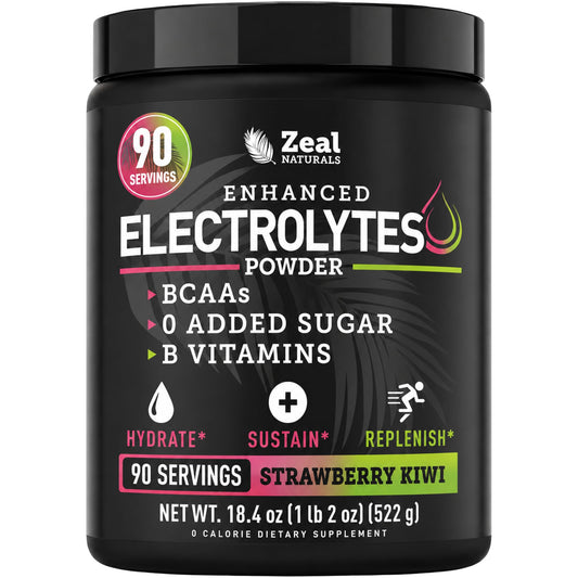 Zeal Naturals frente del envase mostrando sabor fresa-kiwi y beneficios