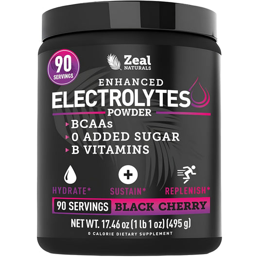 Zeal Naturals frente del envase mostrando 90 porciones y sabor Cereza Negra, conveniencia