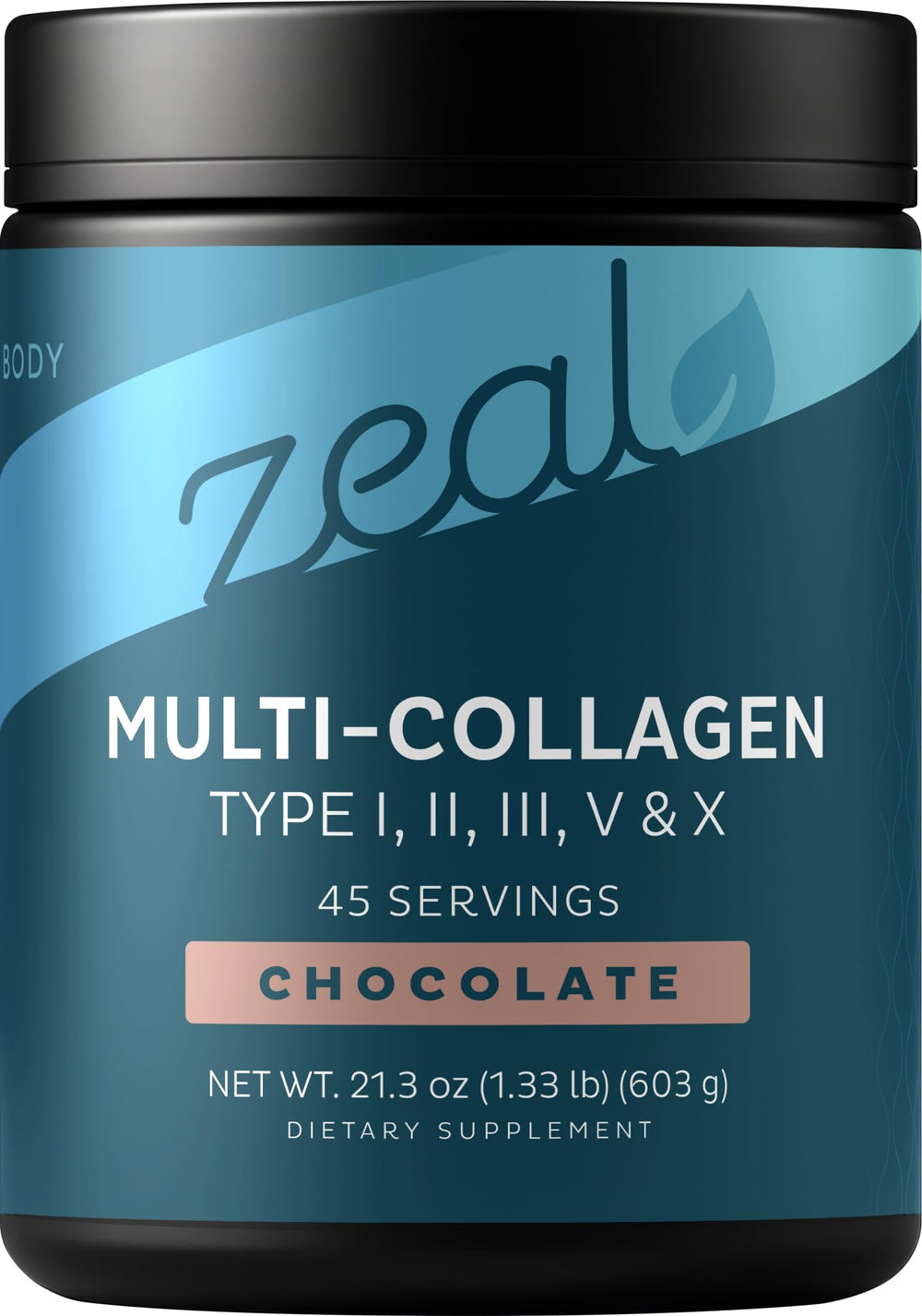 Envase Zeal Naturals frontal mostrando etiqueta y 45 servicios, clara identificación