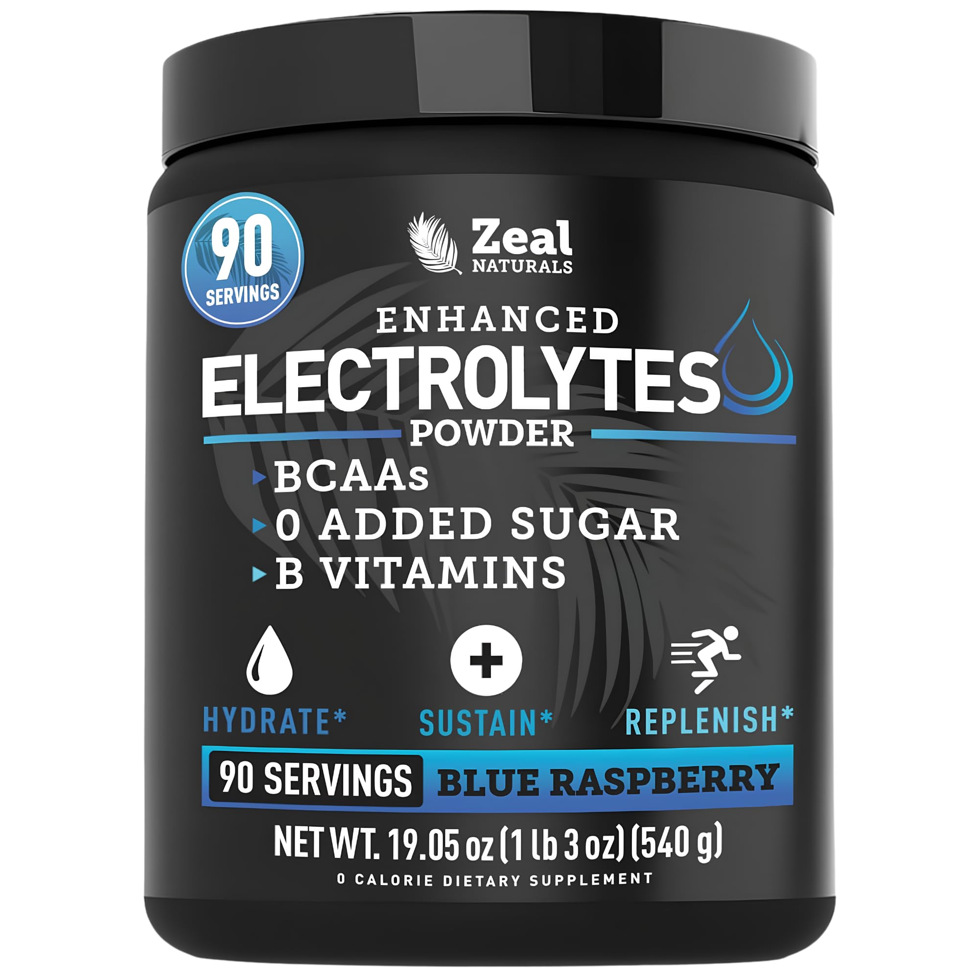Zeal Naturals frente del envase mostrando 90 porciones y sabor blue raspberry para hidratación