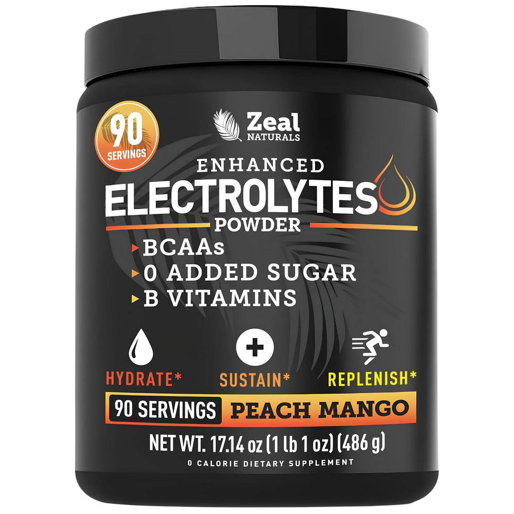 Zeal Naturals envase frontal mostrando sabor durazno mango y beneficios