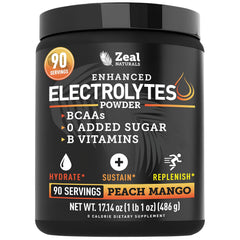 Zeal Naturals envase frontal mostrando sabor durazno mango y beneficios
