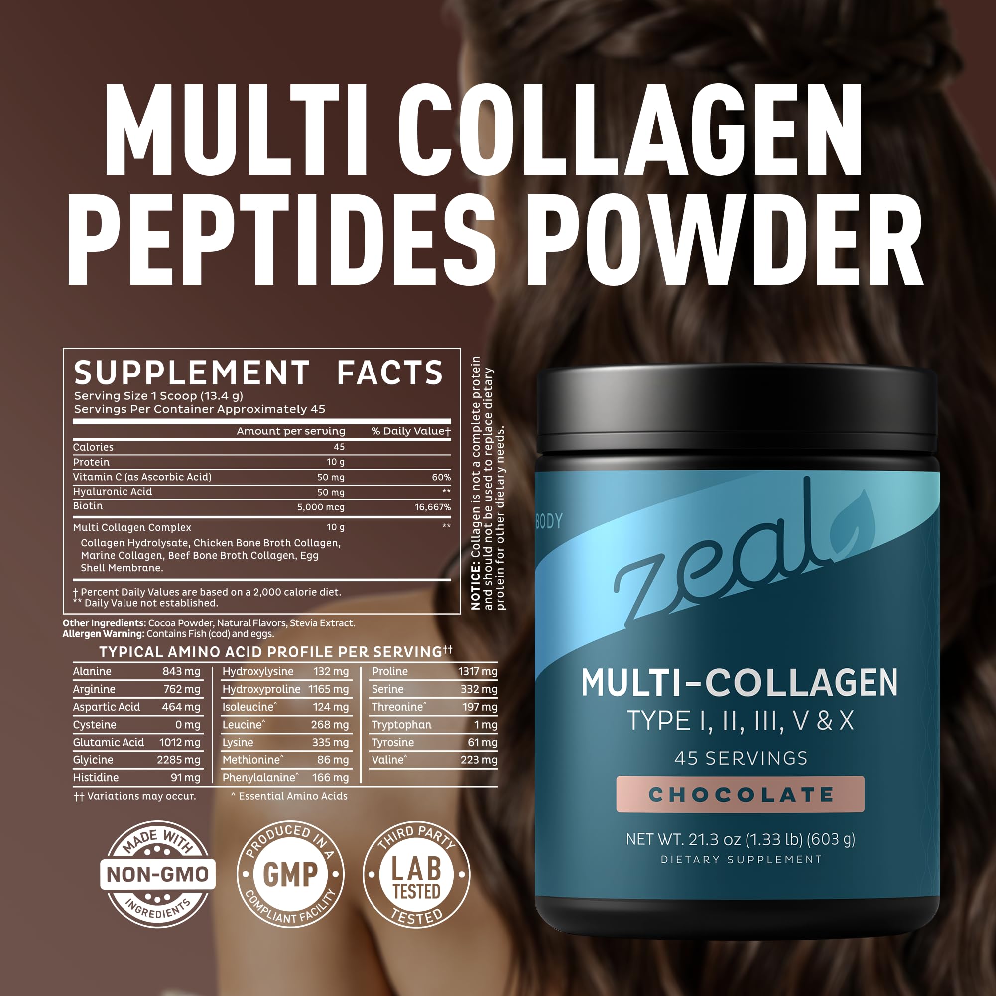 Detalle del polvo Zeal Naturals con textura chocolate, concentración y mezcla fácil