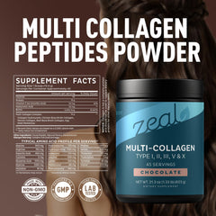 Detalle del polvo Zeal Naturals con textura chocolate, concentración y mezcla fácil