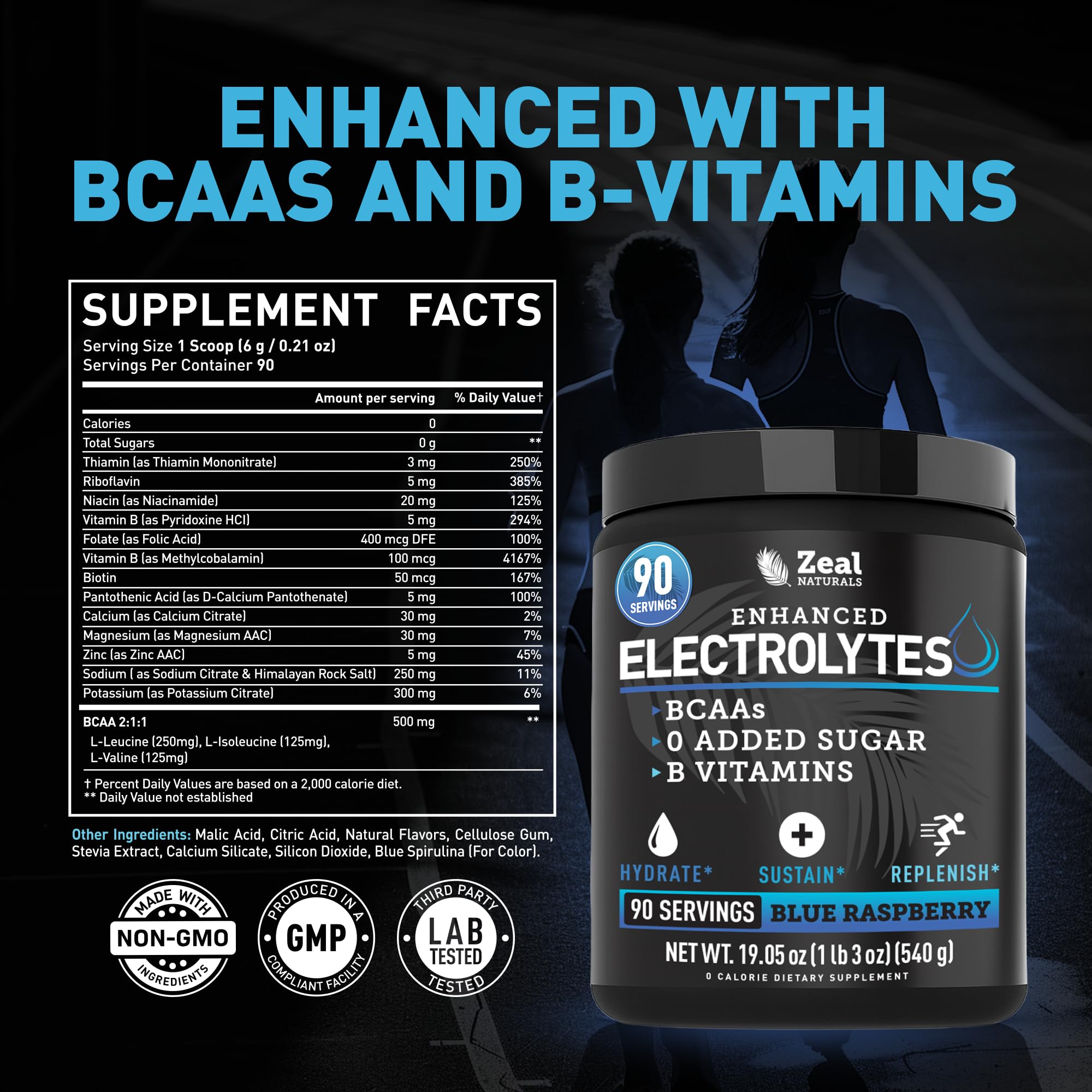 Zeal Naturals polvo azul textura fina que se disuelve rápido y aporta electrolitos
