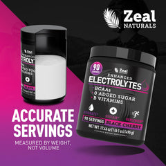 Zeal Naturals comparativa de porción junto a una cuchara medidora, control de dosis