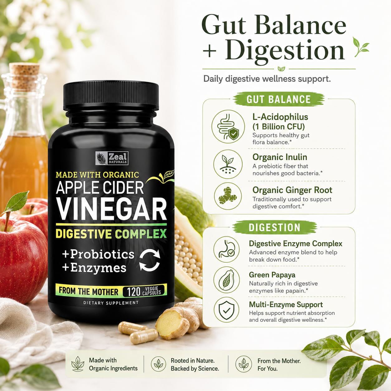 Zeal Naturals en uso sobre mesa de cocina para apoyo digestivo diario