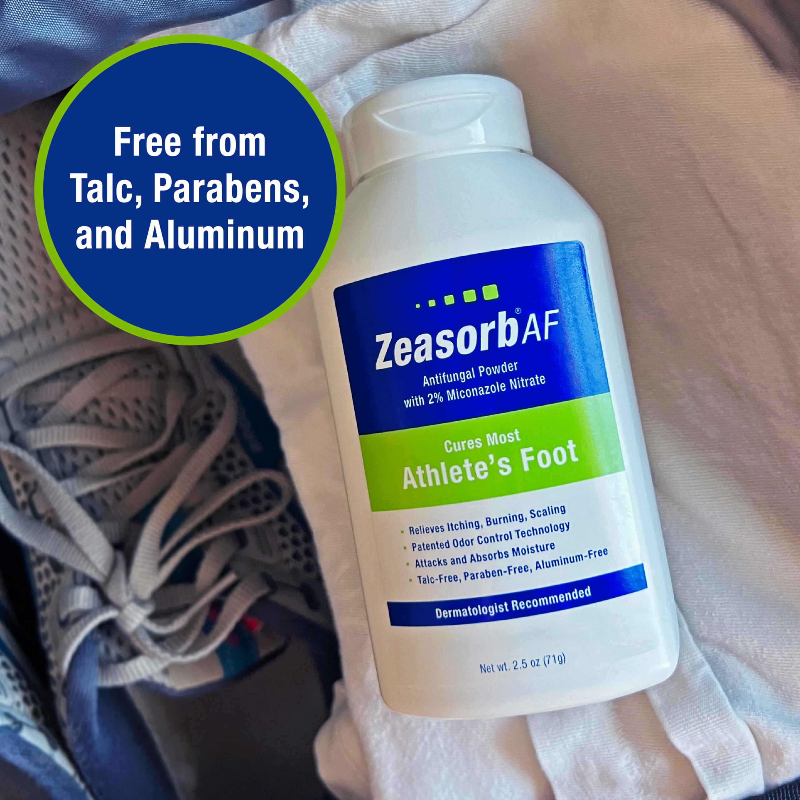 Comparación de tamaño del envase Zeasorb 2.5 oz para referencia práctica