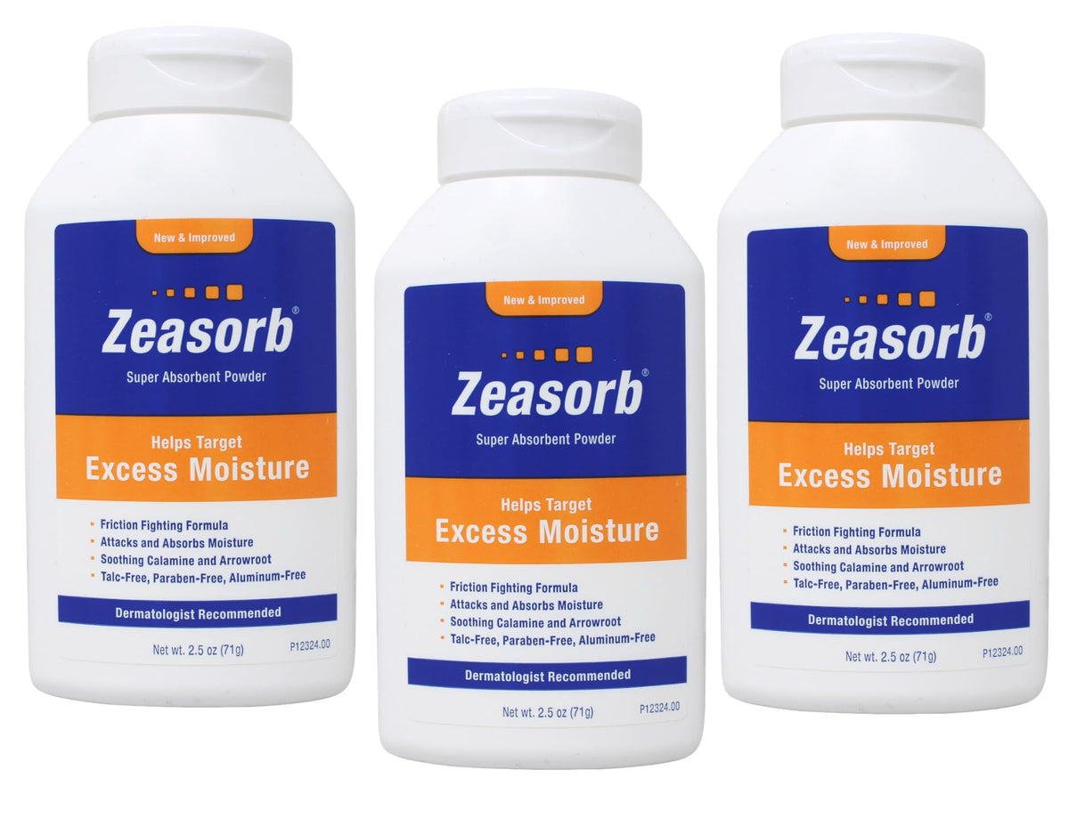 Zeasorb frasco frontal mostrando diseño y tamaño, facilita aplicación rápida
