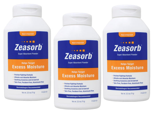 Zeasorb frasco frontal mostrando diseño y tamaño, facilita aplicación rápida