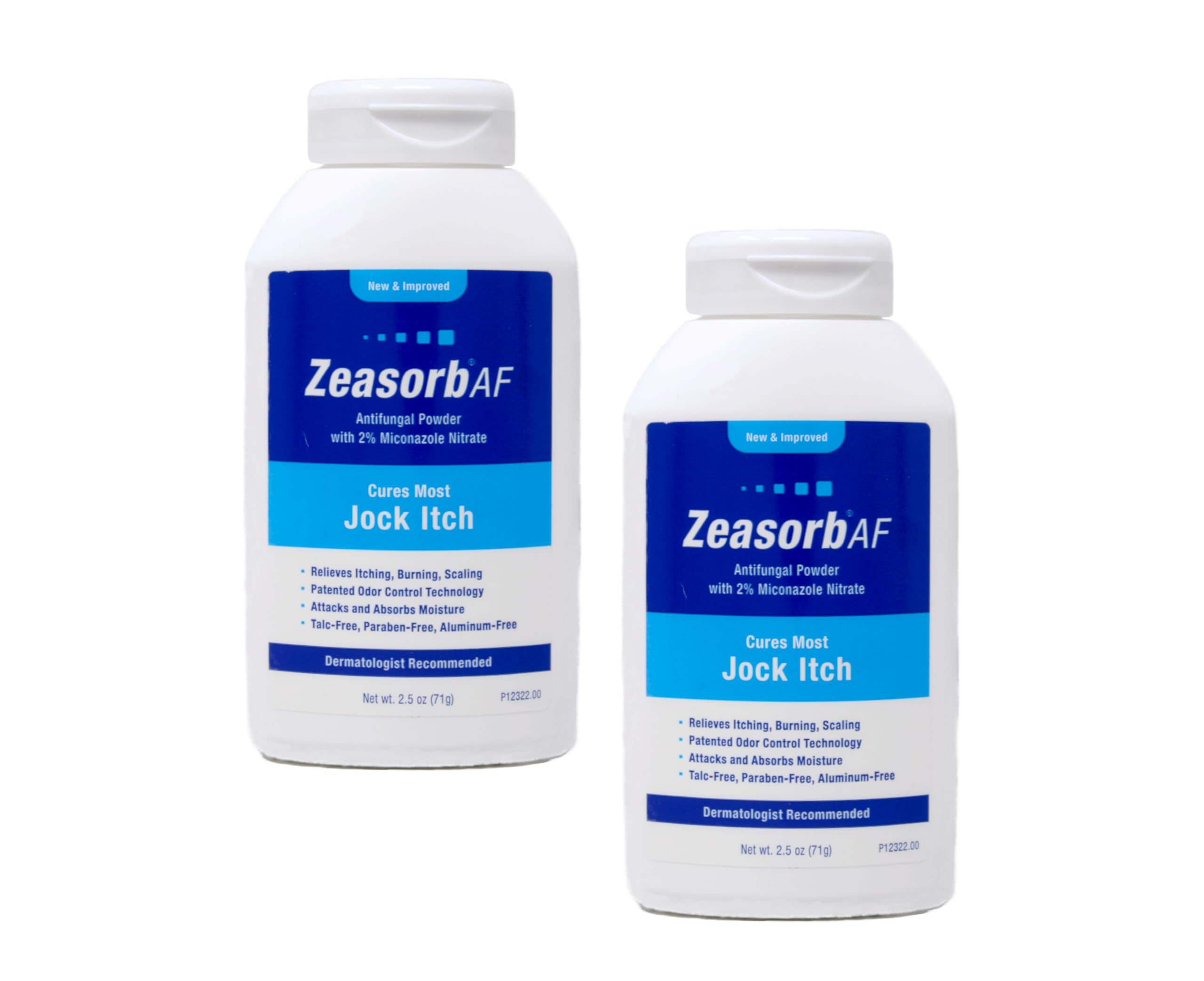 Zeasorb frontal del envase pack de 2 mostrando la marca y alivio rápido