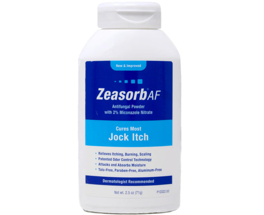 Zeasorb polvo microfino en primer plano mostrando textura absorbente y secado rápido