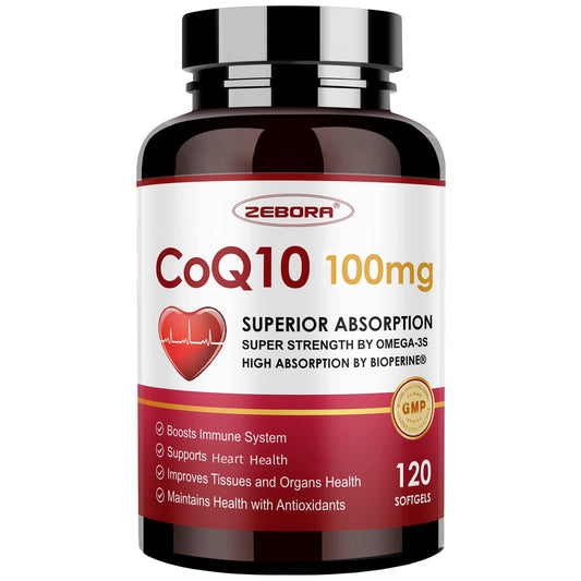 ZEBORA CoQ10 100 mg softgels en botella, apoyo suave para energía diaria