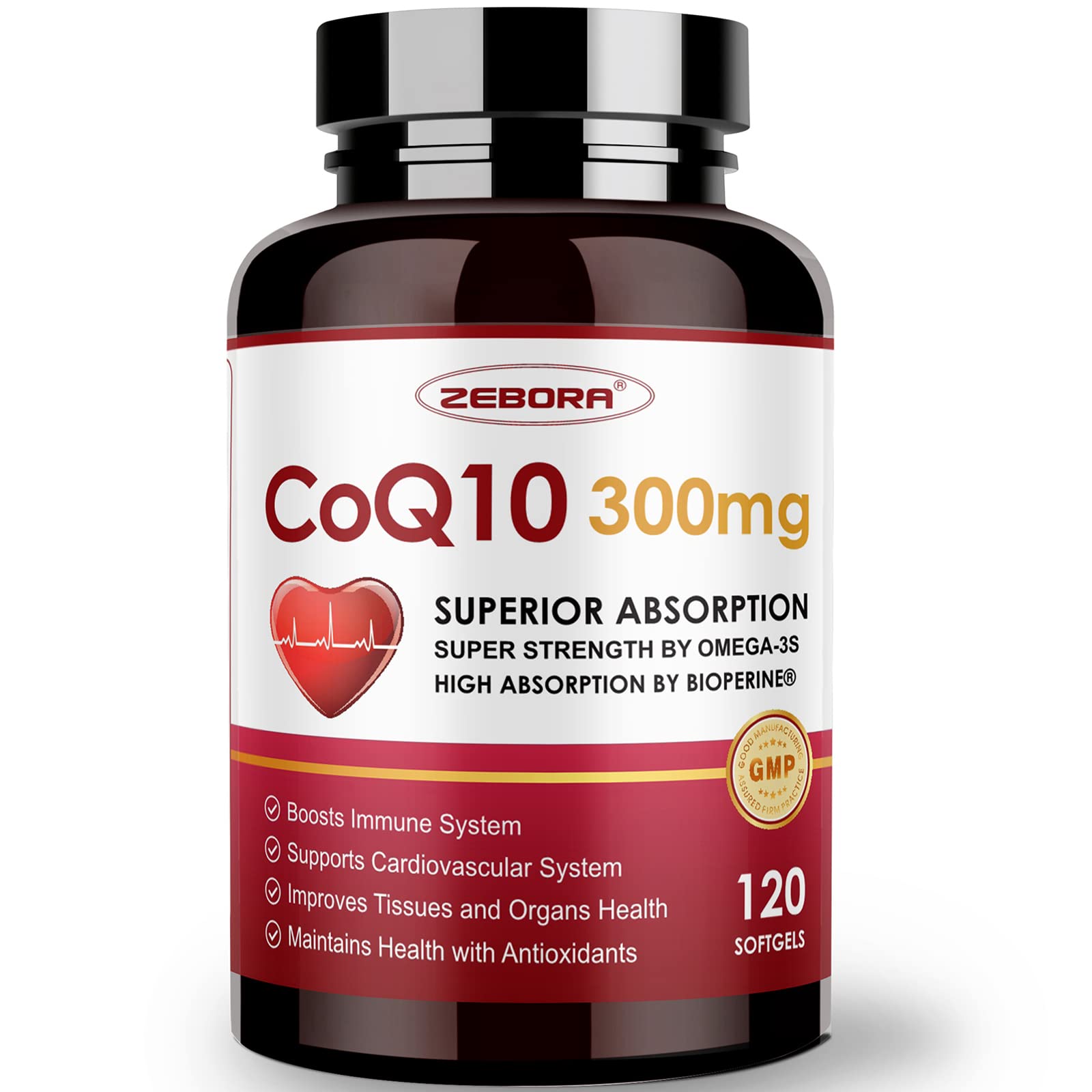 ZEBORA CoQ10 300 mg en botella, apoyo a la energía diaria.