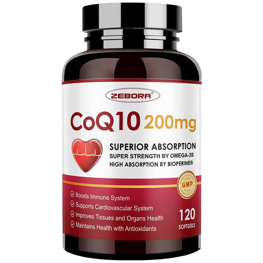 ZEBORA envase frontal del suplemento CoQ10 200 mg mostrando dosis y cantidad