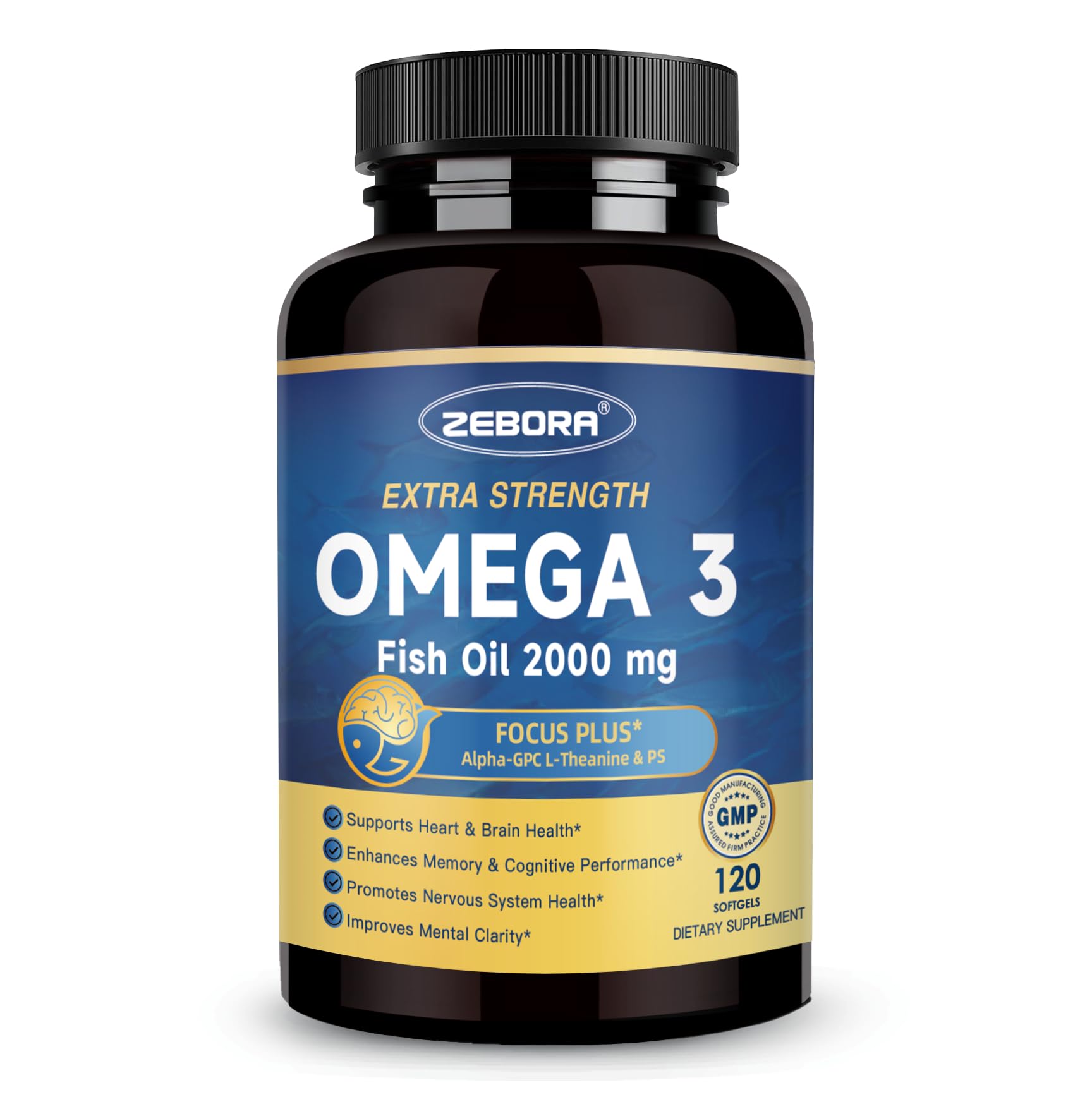 ZEBORA envase frontal mostrando 120 softgels y beneficio de concentración