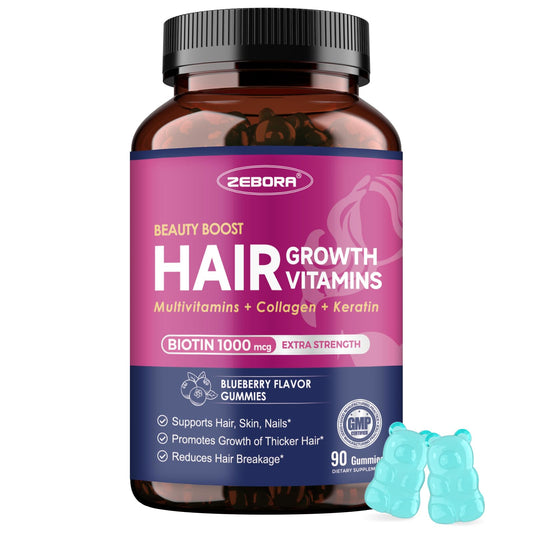 Gomitas ZEBORA arándano en botella para cabello más sano y uñas fuertes.