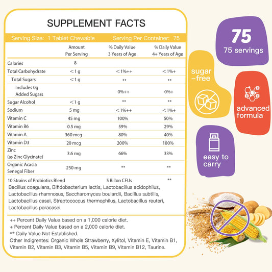 ZEBORA probióticos para niños sabor fresa, fácil de masticar.