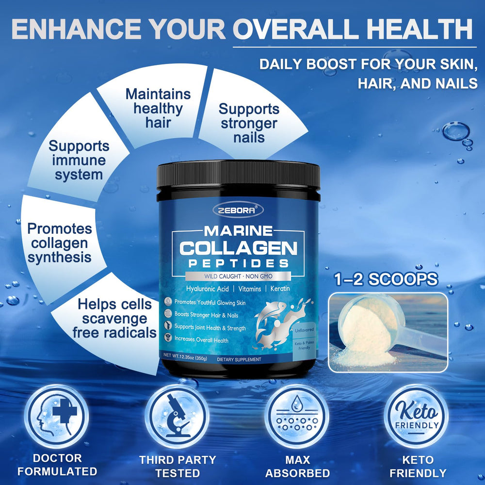 ZEBORA Marine Collagen ingredientes destacados: biotina y queratina para cabello y uñas.