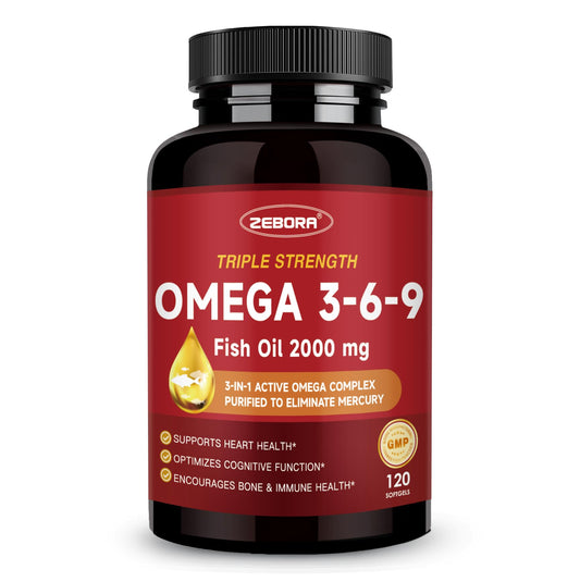 ZEBORA Omega 3-6-9 botella frontal, apoyo a la salud cardíaca.