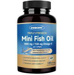 ZEBORA Omega-3 Mini en botella con etiqueta clara para elegir con confianza.