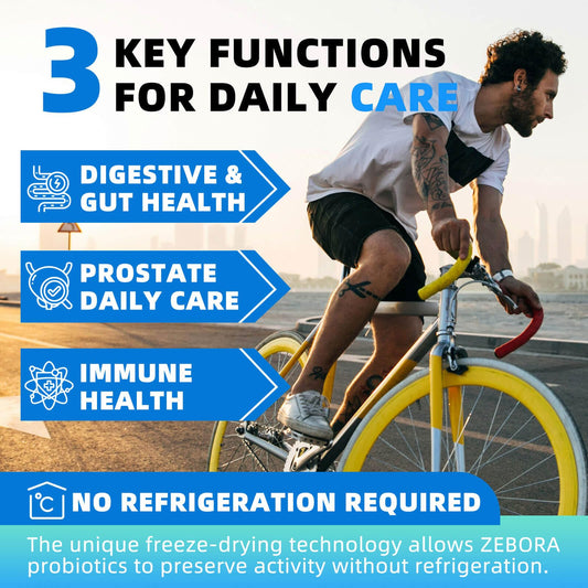 Probióticos ZEBORA con 100 mil millones CFU para apoyo digestivo.