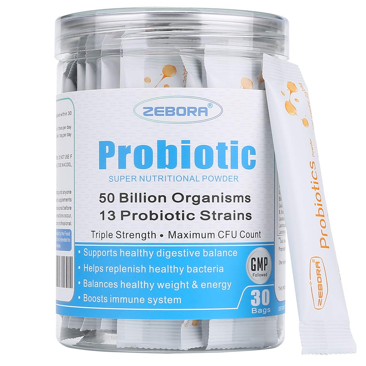 Caja y sobres de ZEBORA Probiotics para apoyo diario de la digestión.