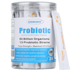 Caja y sobres de ZEBORA Probiotics para apoyo diario de la digestión.