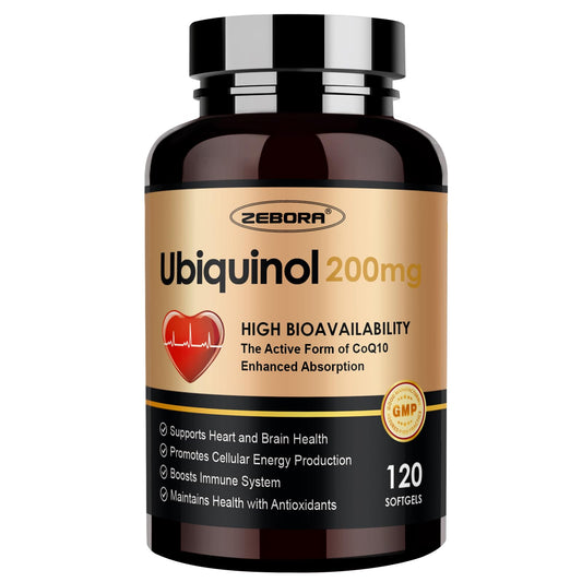 ZEBORA Ubiquinol CoQ10 en cápsulas blandas, potencia antioxidante para energía diaria.