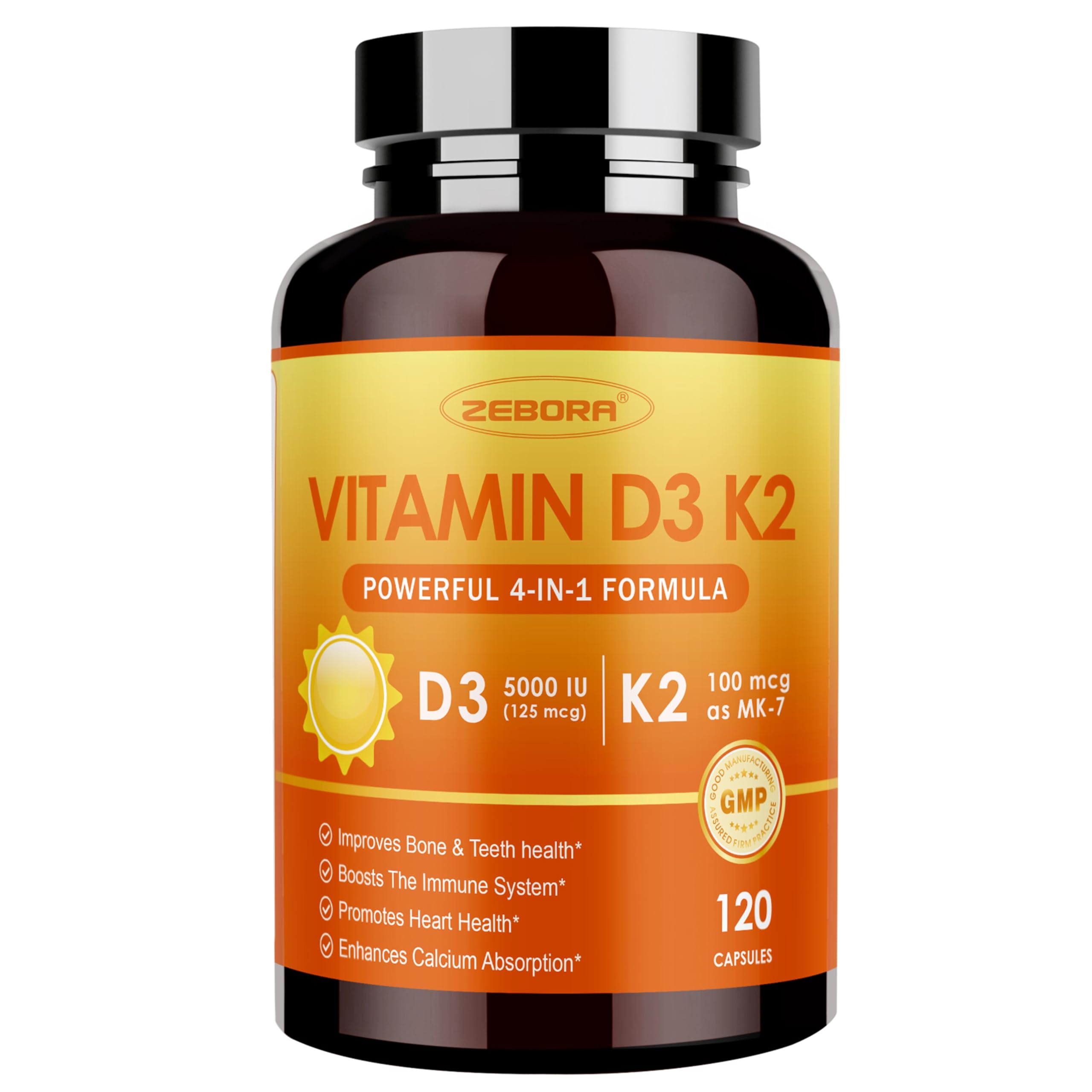 ZEBORA Vitamina D3+K2 en botella de cápsulas para absorción óptima.