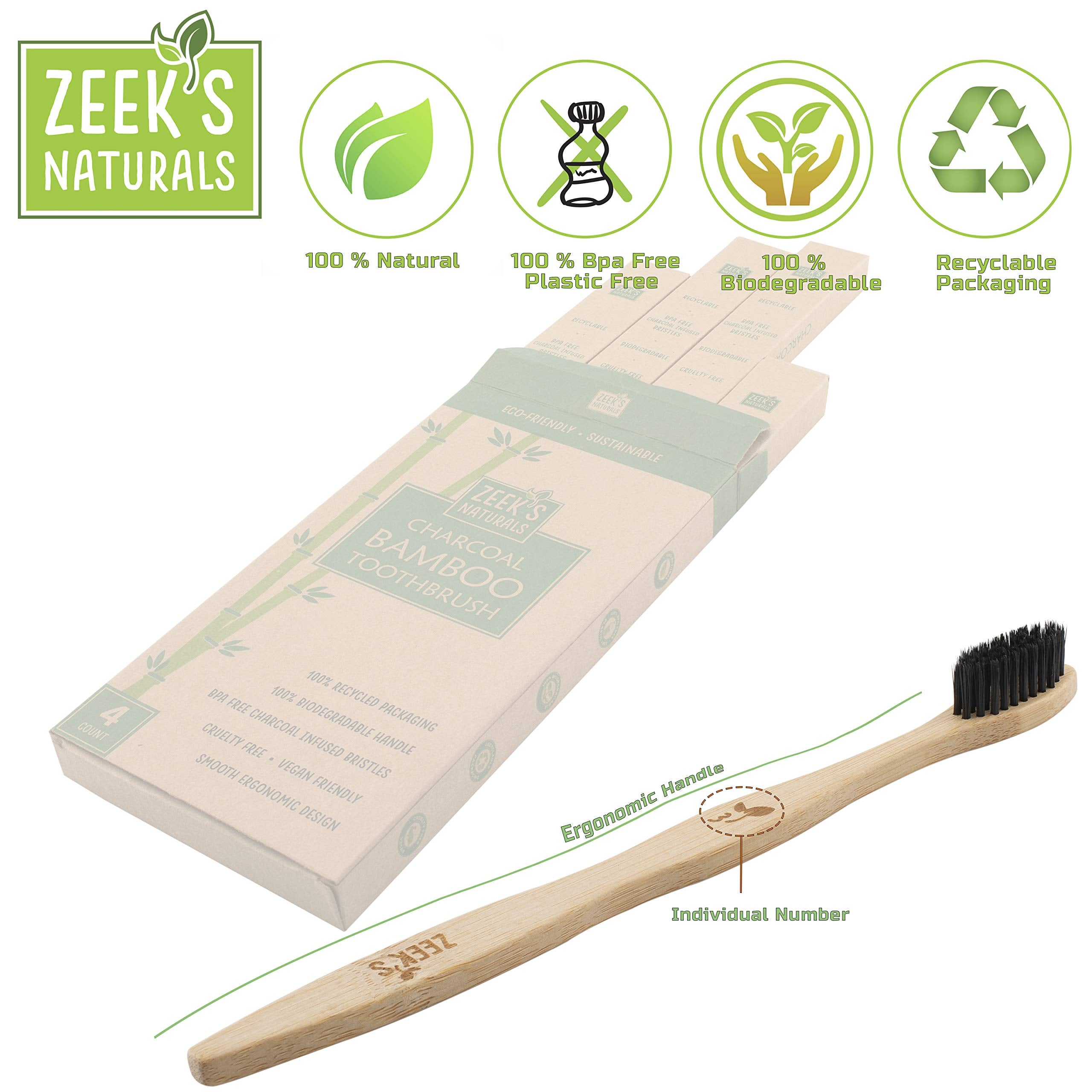 Zeek's Naturals primer plano de cerdas carbón, limpieza visual