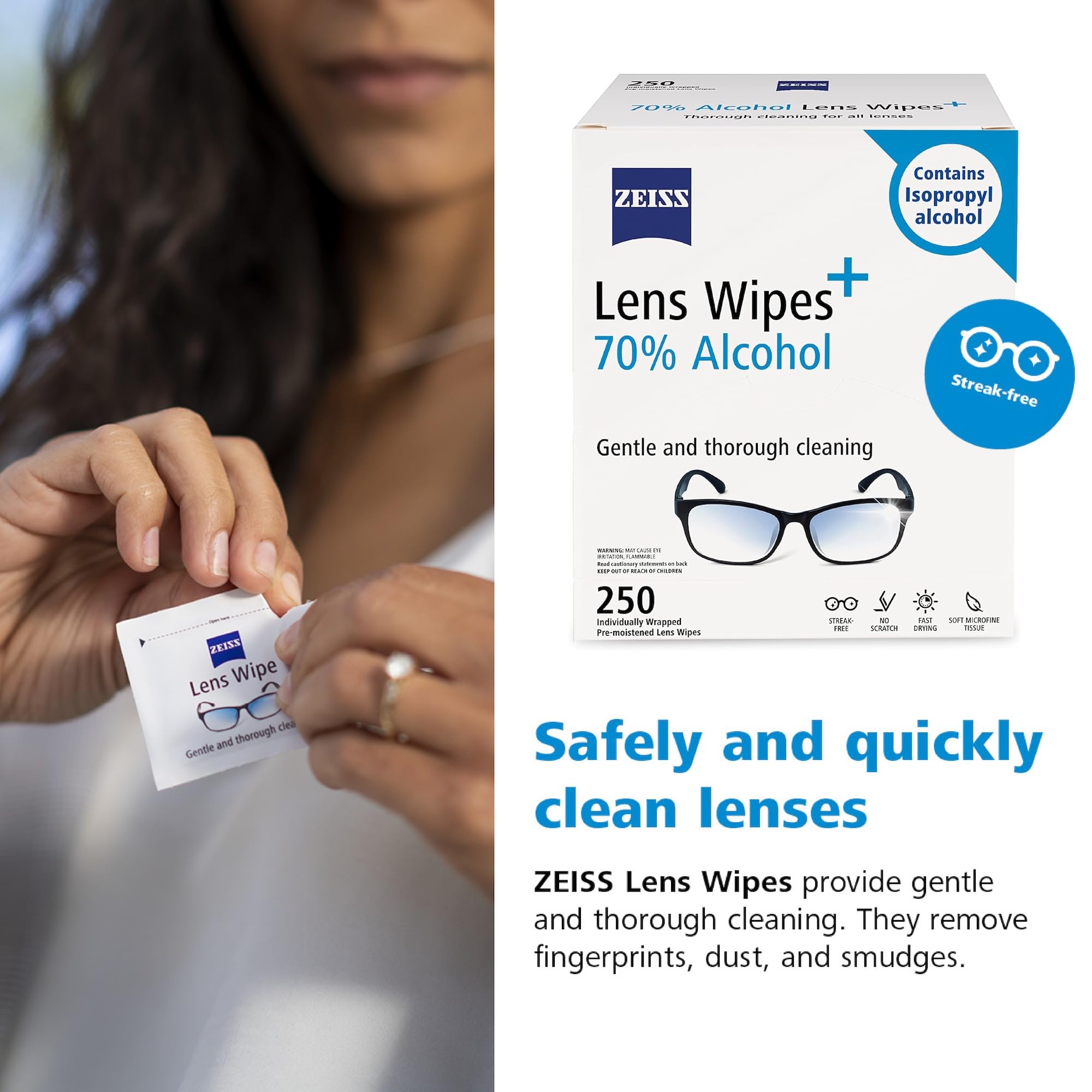 ZEISS toallita junto a una mano para comparar tamaño y portabilidad