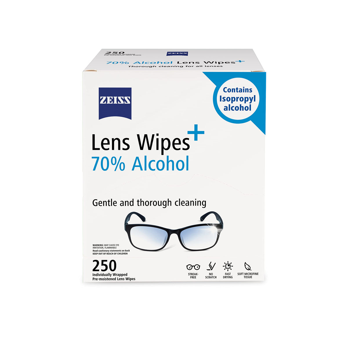 ZEISS empaque frontal mostrando 250 toallitas, limpieza lista al instante