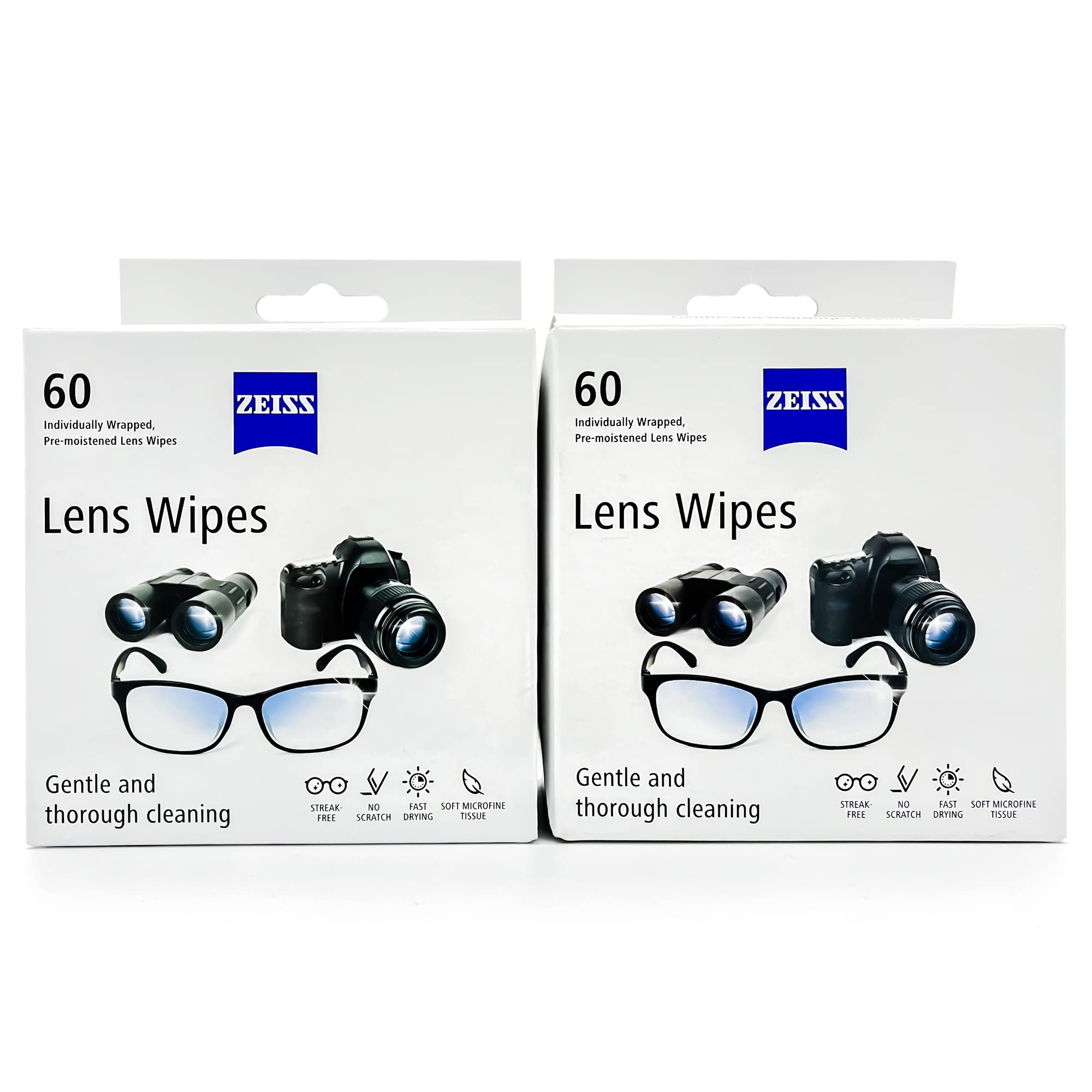 ZEISS frente del paquete de 120 toallitas mostrando portabilidad y cantidad