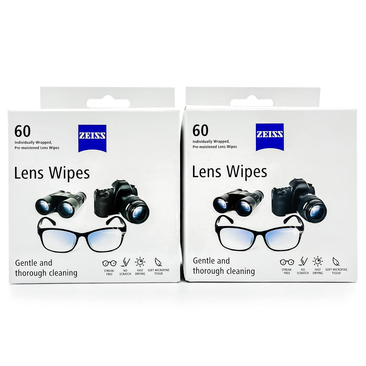 ZEISS frente del paquete de 120 toallitas mostrando portabilidad y cantidad