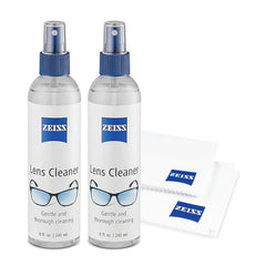ZEISS frente del pack mostrando botellas y paños, limpieza fiable