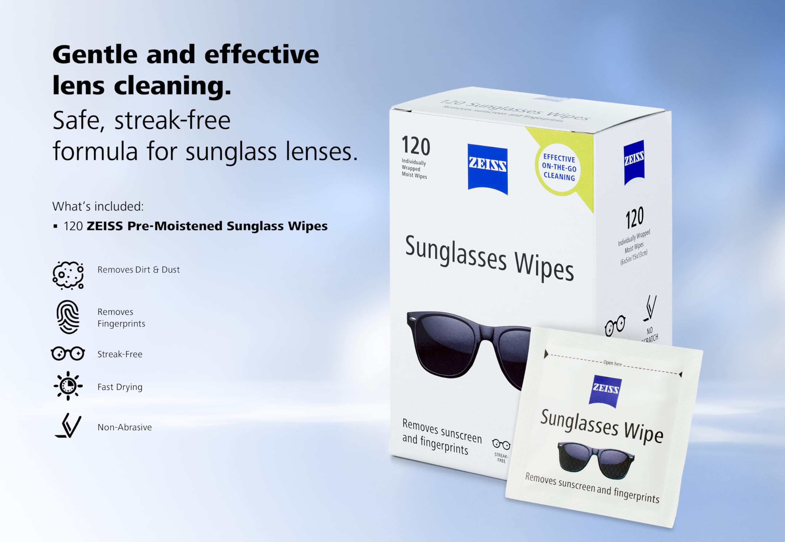 Gafas de sol limpias tras usar toallita ZEISS, resultado sin reflejos ni manchas