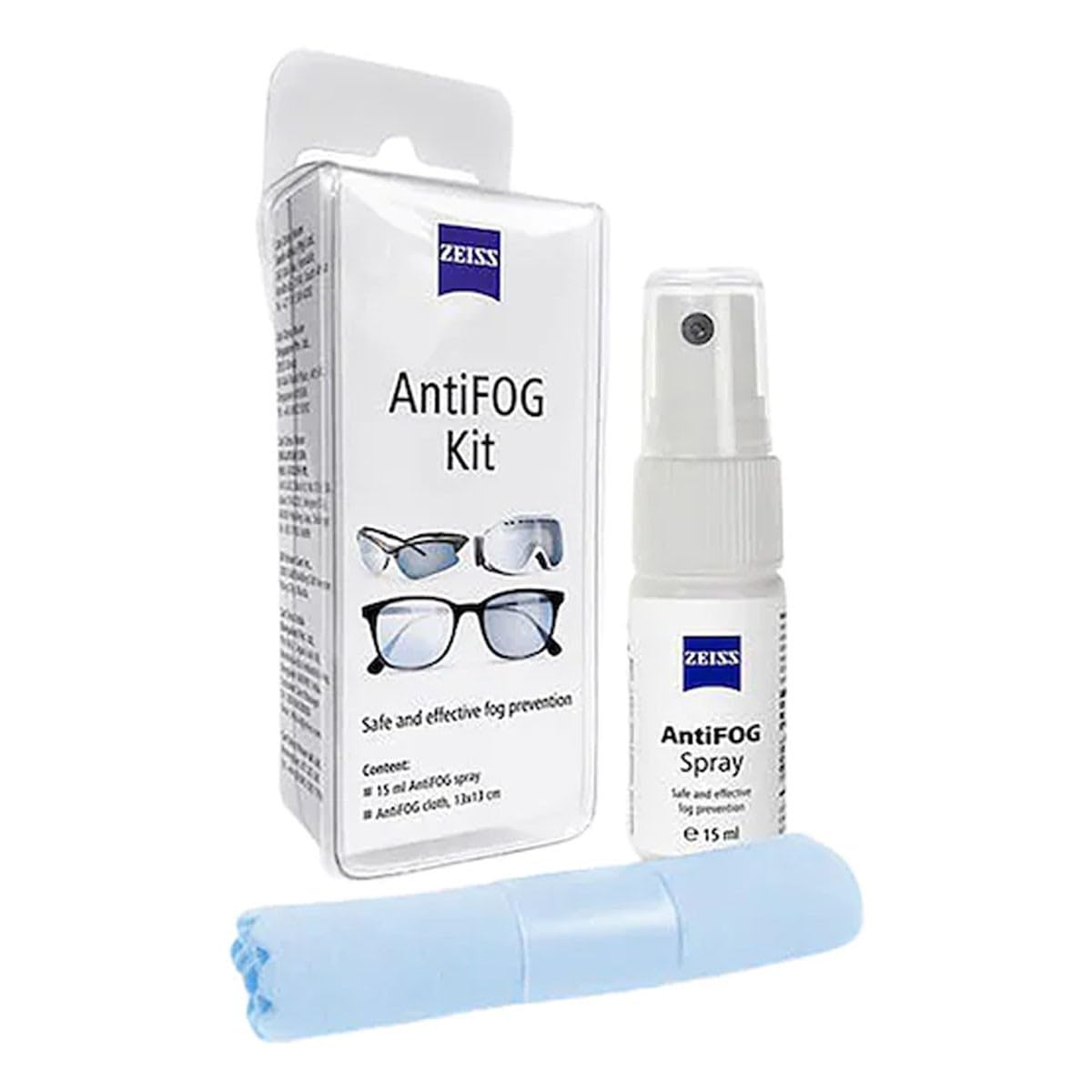 ZEISS frontal del envase del kit antiniebla mostrando contenido práctico