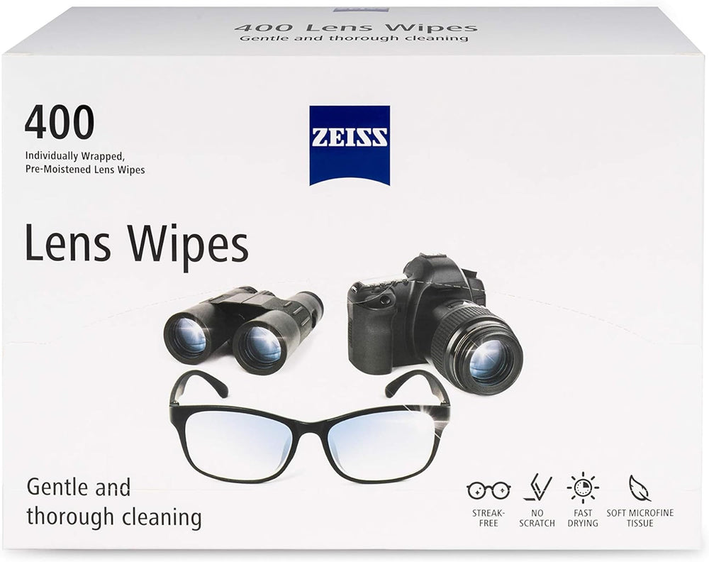 ZEISS paquete frontal mostrando 400 toallitas, solución práctica para limpieza