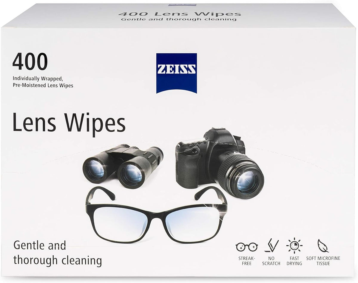 ZEISS paquete frontal mostrando 400 toallitas, solución práctica para limpieza