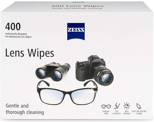 ZEISS paquete frontal mostrando 400 toallitas, solución práctica para limpieza