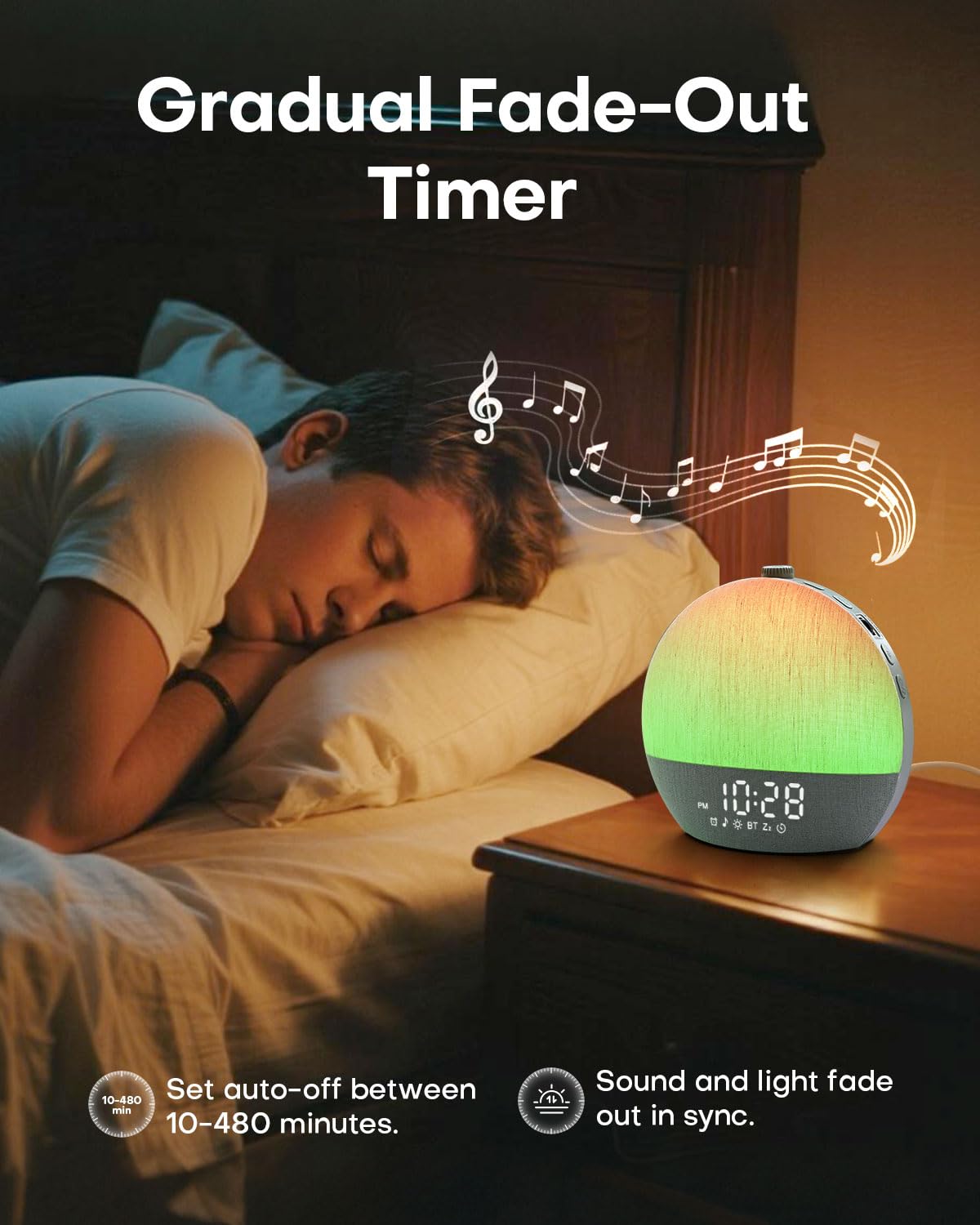 Zelaclock modo temporizador atardecer apagando luz para dormir