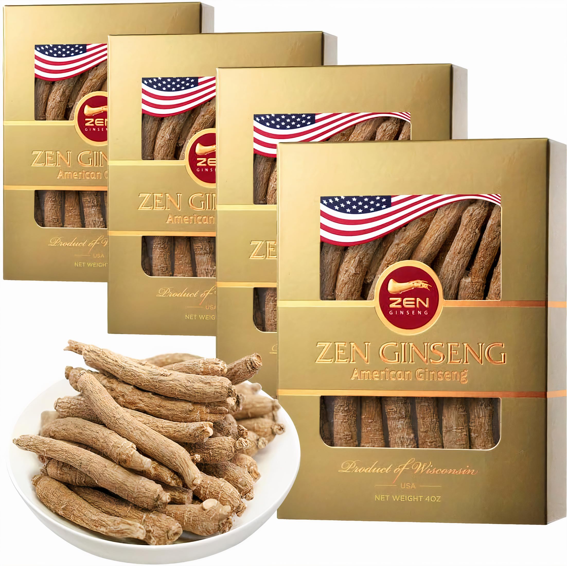 Zen Ginseng frente del empaque mostrando raíces enteras y origen Wisconsin