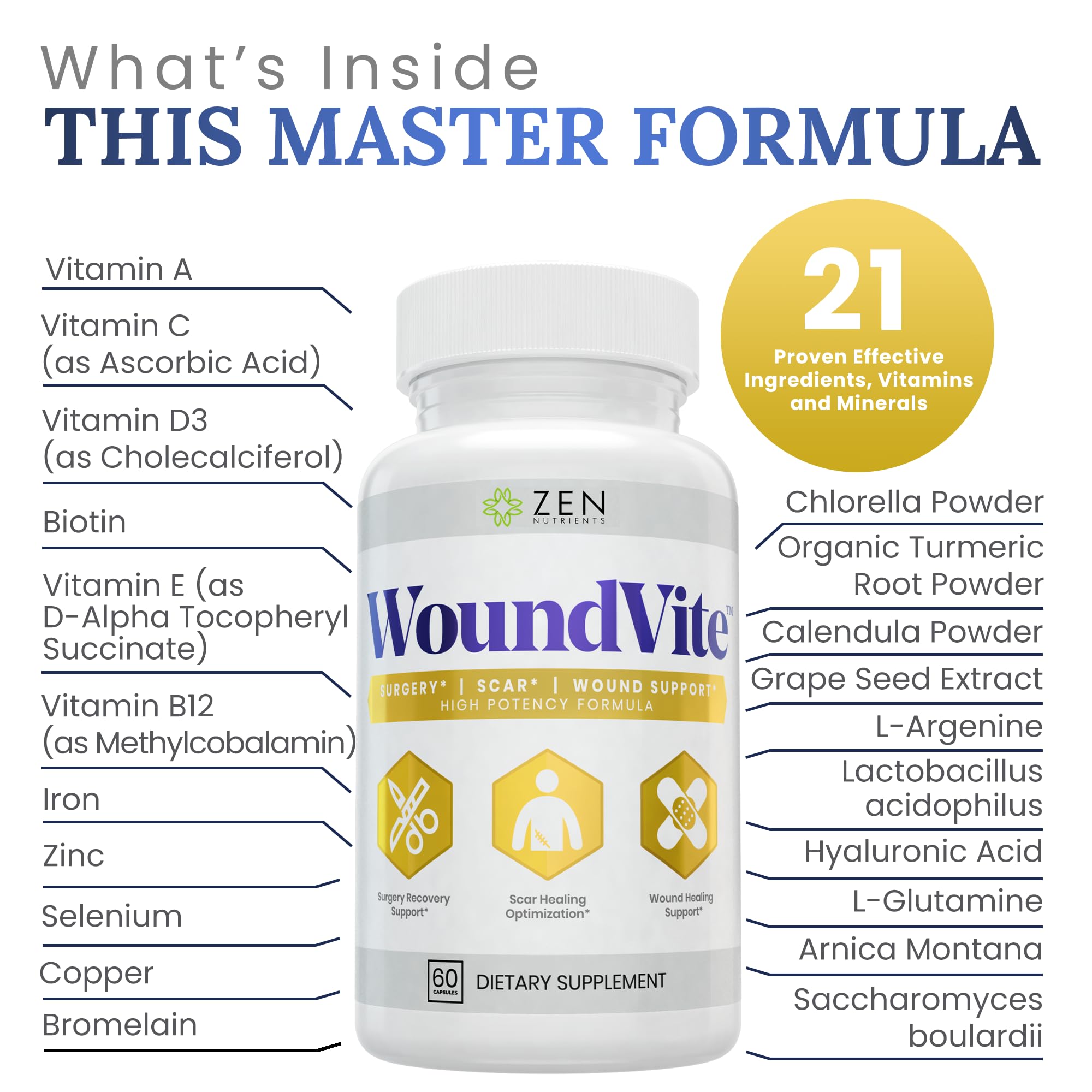 Botella abierta de Zen Nutrients WoundVite mostrando cantidad y presentación segura
