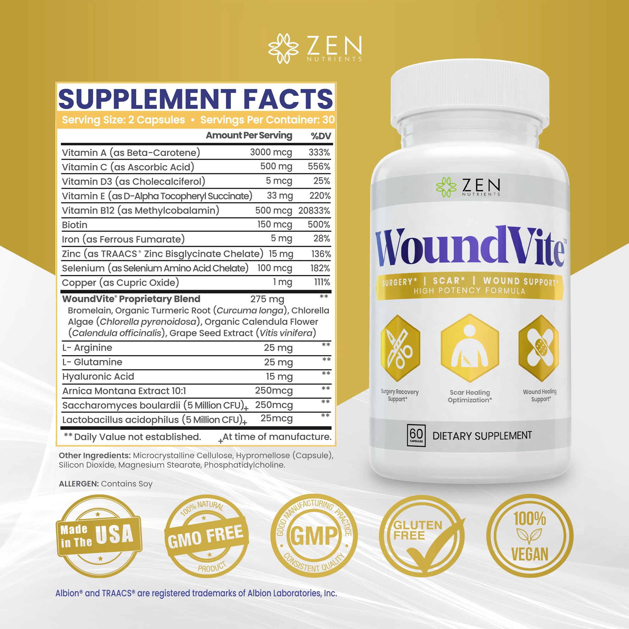Ingredientes clave de Zen Nutrients WoundVite: bromelina, cúrcuma y árnica para apoyo
