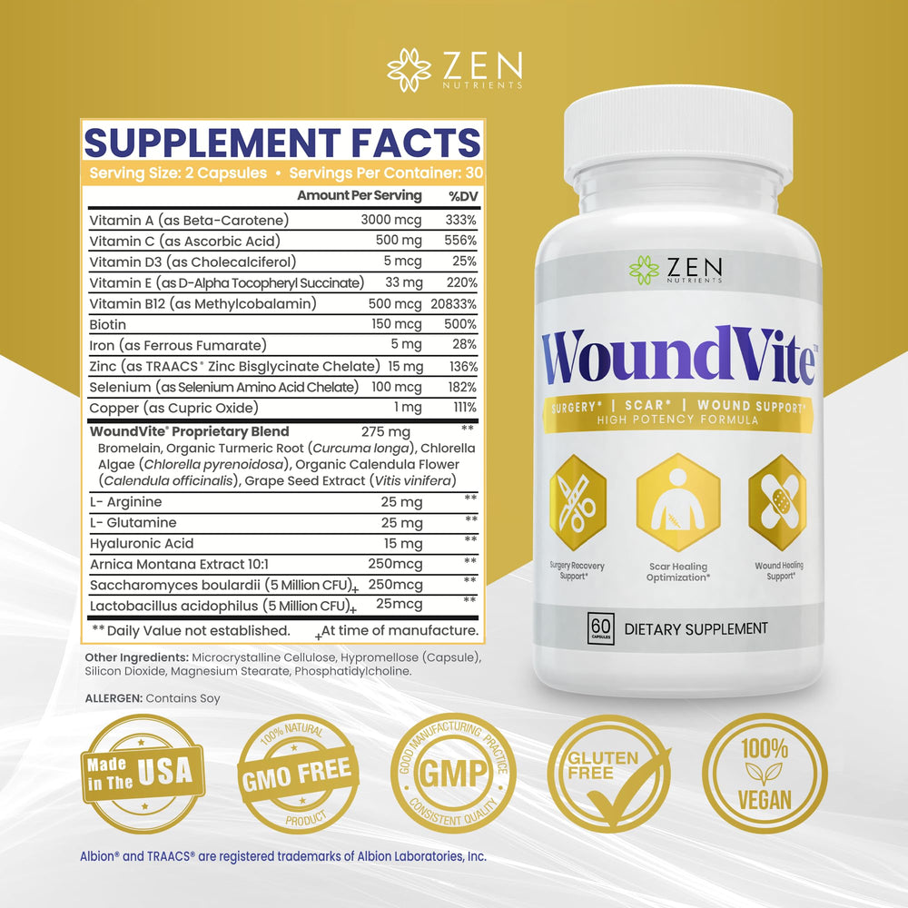 Ingredientes clave de Zen Nutrients WoundVite: bromelina, cúrcuma y árnica para apoyo